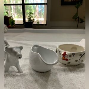 Vintage BIA Cow Creamer Cream Pitcher, gravy boat and hen bowl
